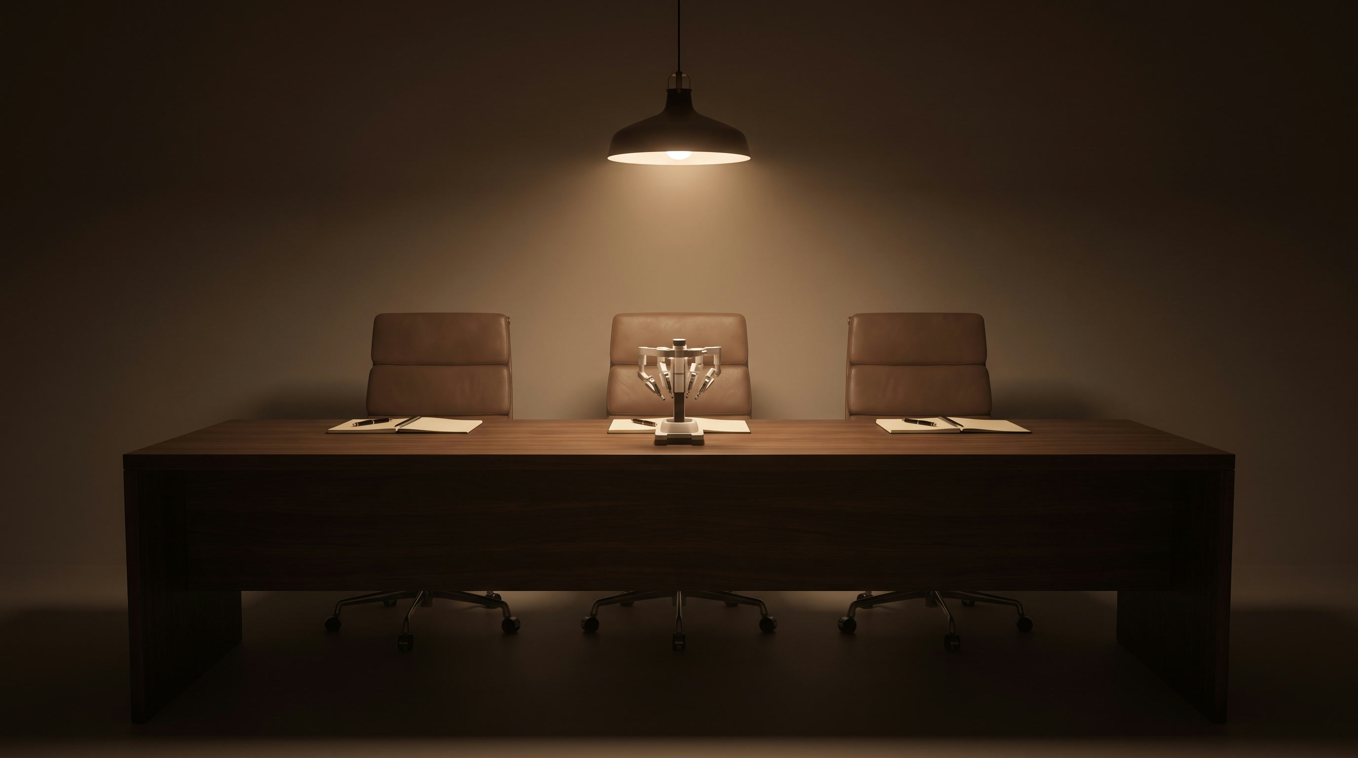 A dark boardroom table set with open notebooks and pens, leather chairs on both sides, and a small model of a four-arm surgical robot in the middle under a hanging lamp.